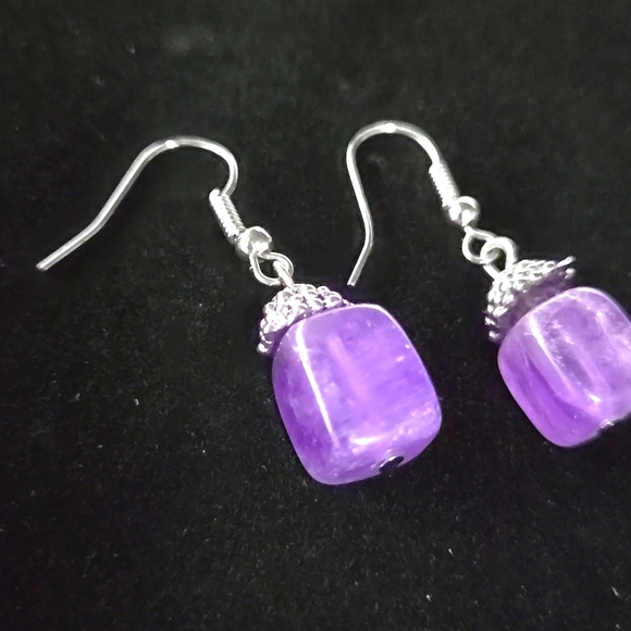 Vintange Handmade Silver Tone Purple Amethyst Dangle Earrings - Picture 12 of 16